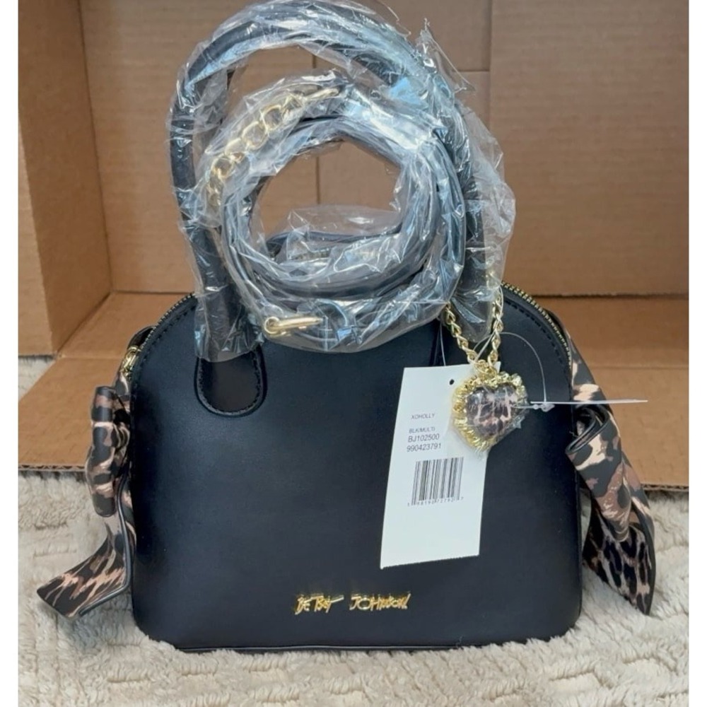 NEW small Betsey Johnson Black Satchel Handbag with bow Leopard Scarf & Charm